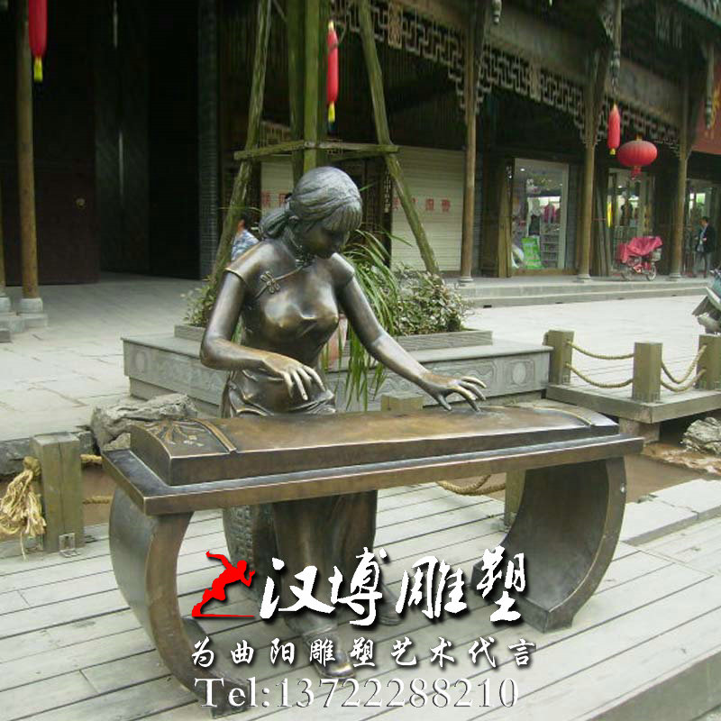 弹古筝人物雕像,玻璃钢铜雕, 铸铜雕塑加工厂