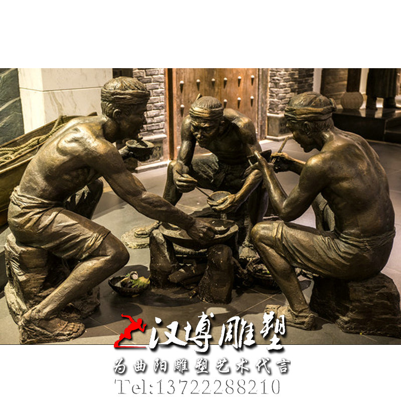 吃火锅人物雕像, 玻璃钢铜雕,园林景观雕塑