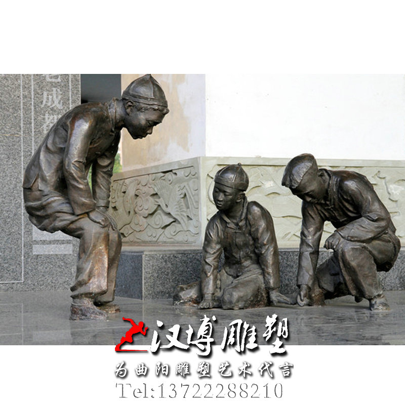 玻璃钢铜雕,弹弹子人物雕像,户外园林雕塑