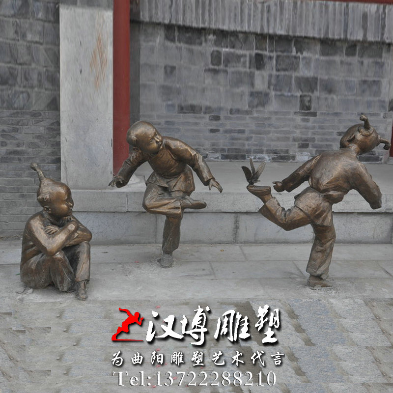 踢毽子人物雕像,玻璃钢铜雕,民俗小品雕塑