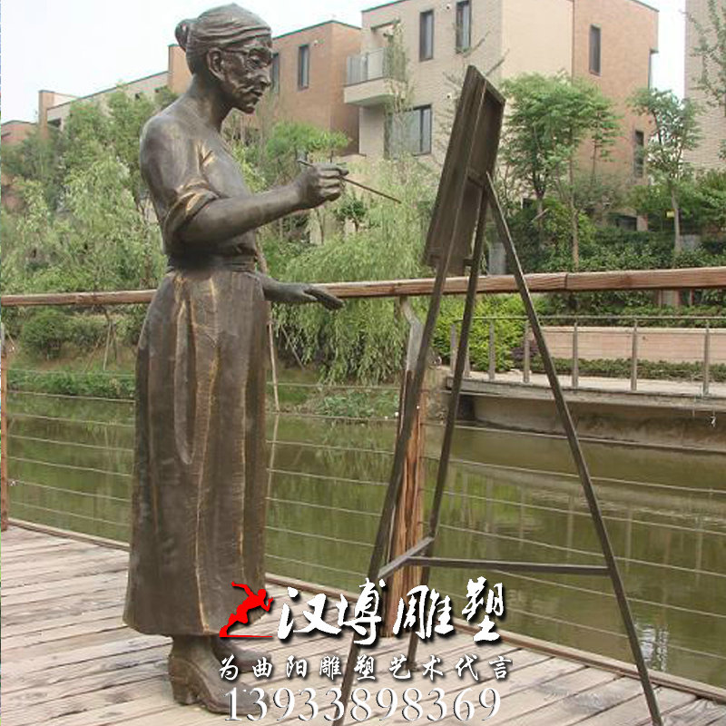 画画女人雕像,玻璃钢铜雕,校园雕塑
