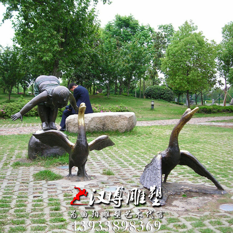 玻璃钢铜雕,小孩天鹅雕塑,人物雕像