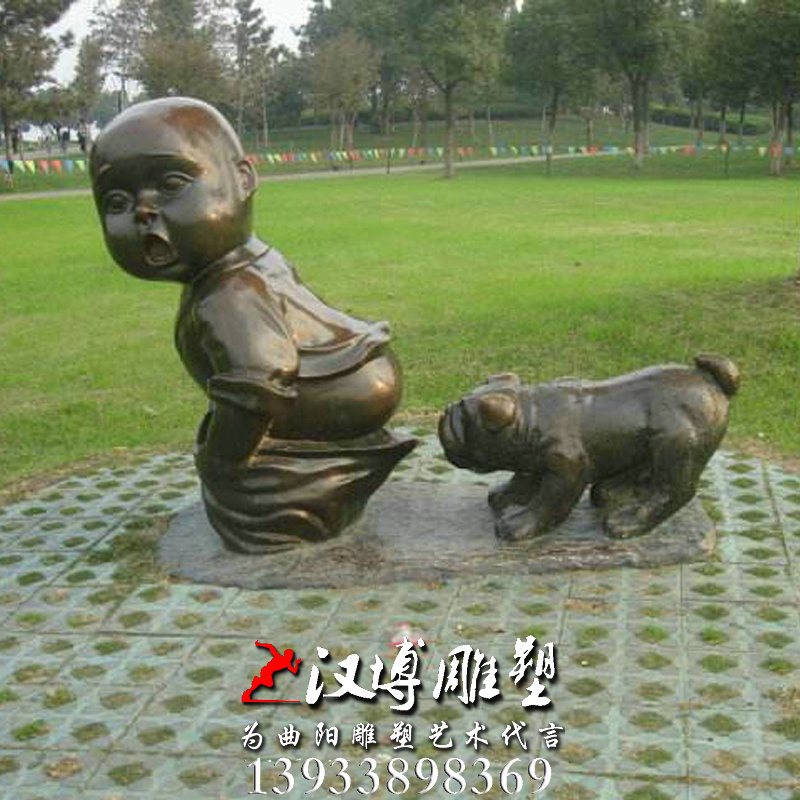 小孩和狗雕像,玻璃钢铜雕,人物雕塑厂家