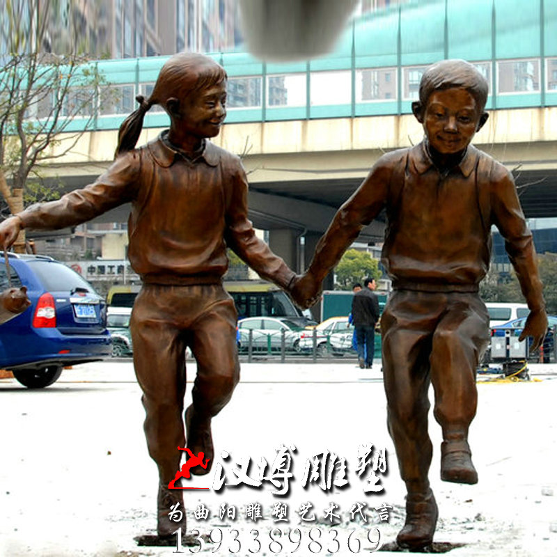 玻璃钢铜雕,小学生携手上学雕像, 校园雕塑