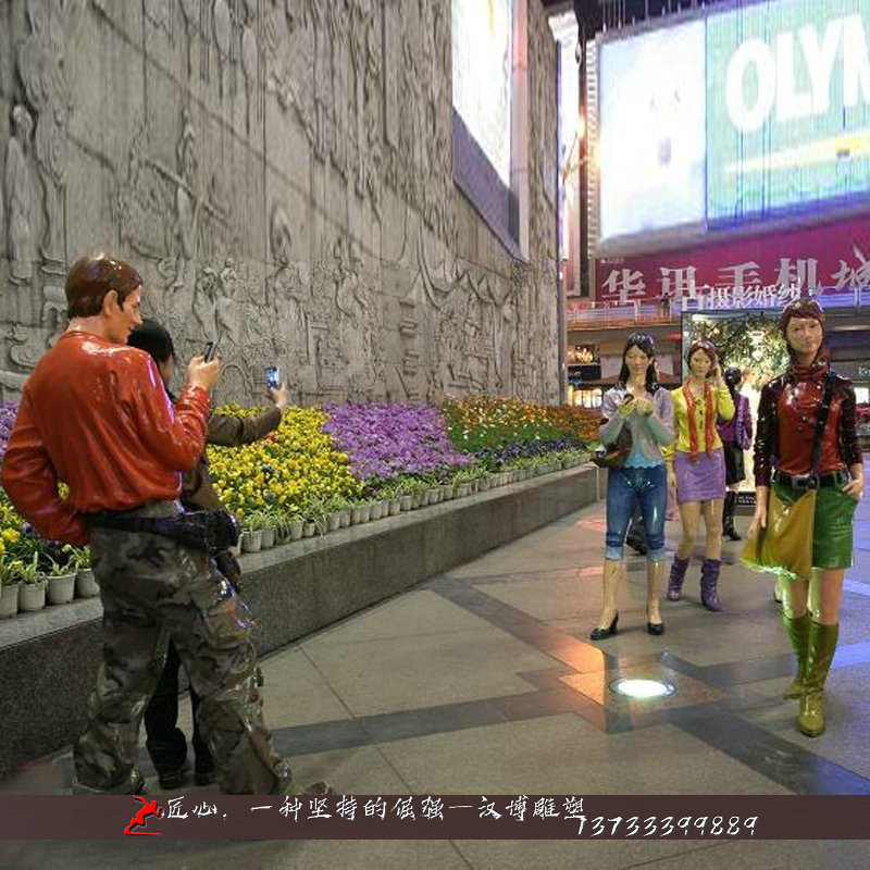 铸铜雕塑,步行街铜雕,少年拍照雕像